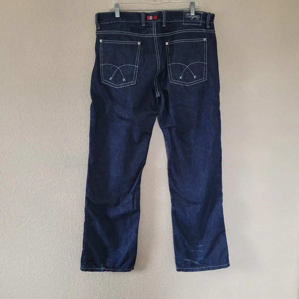 COOGI Jeans Straight Mens 36x34 Embroidered Pockets Denim Dark Blue Loose Baggy